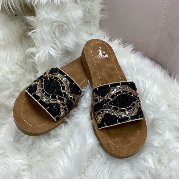 Corkys Shoes - NEW IN BOX! Corkys Black Pinwheel Slip On Embroidered and Sequin Sandal